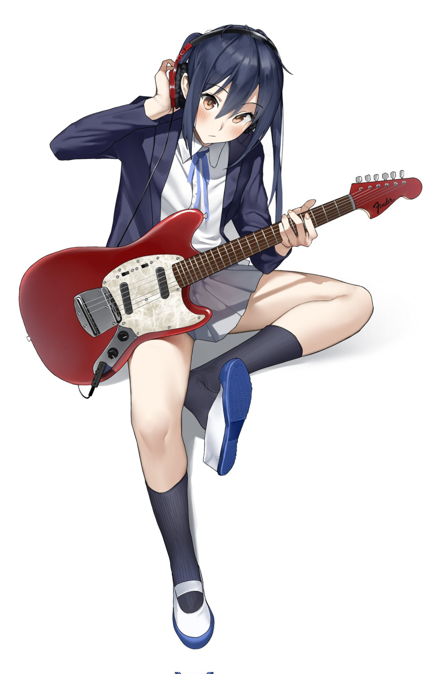 1girl black_hair black_jacket black_socks blue_ribbon blush brown_eyes closed_mouth collared_shirt full_body grey_skirt headphones highres holding holding_instrument instrument jacket k-on! kneehighs long_hair long_sleeves looking_at_viewer nakano_azusa neck_ribbon open_clothes open_jacket pleated_skirt ribbon sakuragaoka_high_school_uniform saya_endo_(27) school_uniform shirt shoe_dangle shoes simple_background sitting skirt socks solo twintails uwabaki white_background white_footwear white_shirt winter_uniform