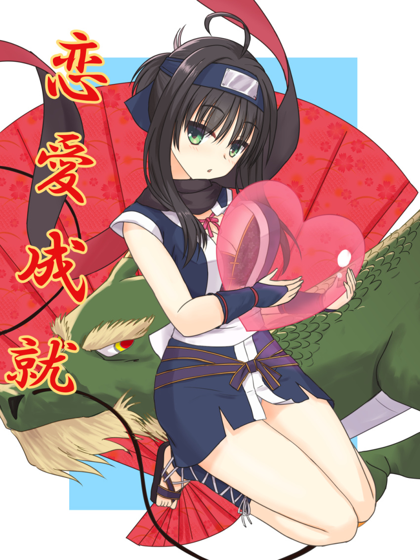 1girl ahoge black_hair black_scarf blue_background blue_kimono blush breast_press breasts bridal_gauntlets chinese_zodiac cleavage commentary_request cross-laced_footwear curvy dragon eastern_dragon eyes_visible_through_hair floating_clothes folding_fan forehead_protector full_body green_eyes hair_between_eyes hand_fan heart highres hitachi_mako holding holding_heart japanese_clothes kimono large_breasts looking_at_viewer ninja no_socks parted_lips red_scarf sandals sash scarf seiza senren_banka shirayamakoma short_hair_with_long_locks short_kimono short_ponytail simple_background sitting sleeveless sleeveless_kimono solo straight_hair thighs toes tsurime two-tone_scarf white_background white_sash year_of_the_dragon