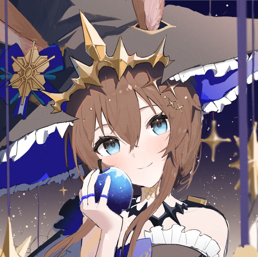 1girl ame_miya_ta amiya_(arknights) animal_ears apple arknights bare_shoulders black_hat blue_apple blue_eyes blue_hat blush brown_hair closed_mouth ears_through_headwear food frilled_hat frills fruit hair_between_eyes hair_ornament hand_up hat head_tilt highres holding holding_food holding_fruit jewelry light_particles long_hair looking_at_viewer portrait rabbit_ears rabbit_girl ring romaji_commentary sketch smile solo two-sided_fabric two-sided_headwear witch_hat