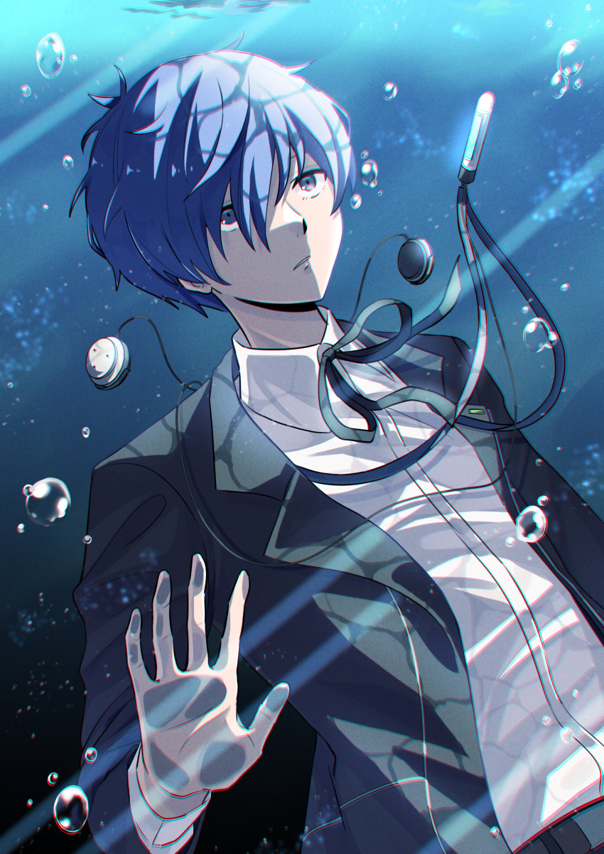 1boy absurdres air_bubble black_jacket black_ribbon blue_eyes blue_hair bubble collared_shirt commentary digital_media_player earphones gekkoukan_high_school_uniform hair_between_eyes highres jacket jayj_824 looking_up male_focus neck_ribbon open_clothes open_hand open_jacket parted_lips persona persona_3 ribbon school_uniform shirt short_hair solo upper_body water white_shirt yuuki_makoto_(persona_3)