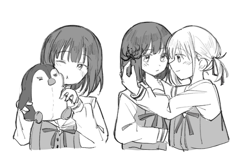 2girls aged_down arm_around_neck blush closed_mouth eye_contact flower greyscale hair_ribbon highres holding holding_flower holding_stuffed_toy inoue_takina jenjen long_sleeves looking_at_another lycoris_recoil monochrome multiple_girls neck_ribbon nishikigi_chisato one_eye_closed ribbon school_uniform serafuku short_hair smile spider_lily stuffed_animal stuffed_penguin stuffed_toy yuri