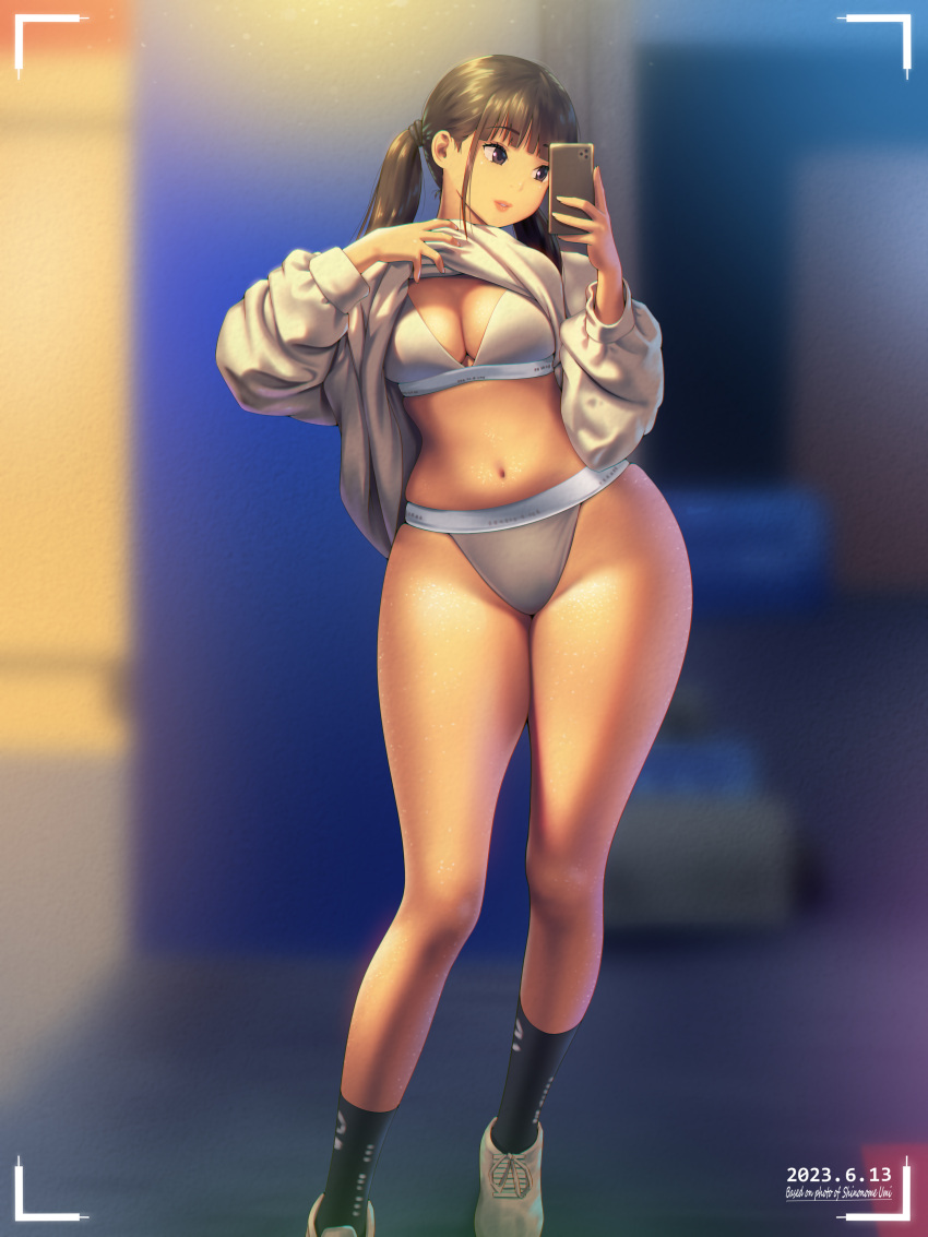 1girl a.x. absurdres animification black_eyes black_hair black_socks blurry blurry_background bra breasts cellphone character_name clothes_lift dated grey_bra grey_footwear grey_panties grey_sweater head_tilt highres holding holding_phone leaning_to_the_side medium_breasts midriff navel panties parted_lips phone real_life shinonome_umi shoes smartphone smile sneakers socks solo sweater sweater_lift twintails underwear viewfinder wide_hips