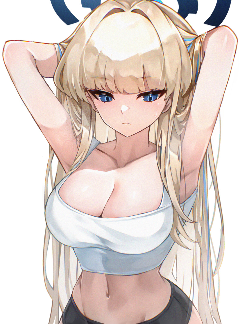 alternate_costume armpits arms_behind_head arms_up black_shorts blonde_hair blue_archive blue_eyes blue_hair breasts cleavage crop_top hair_intakes halo hands_in_own_hair highres long_hair midriff multicolored_hair navel shirt shorts streaked_hair toki_(blue_archive) umeo_(pixiv51103813) upper_body white_background white_shirt