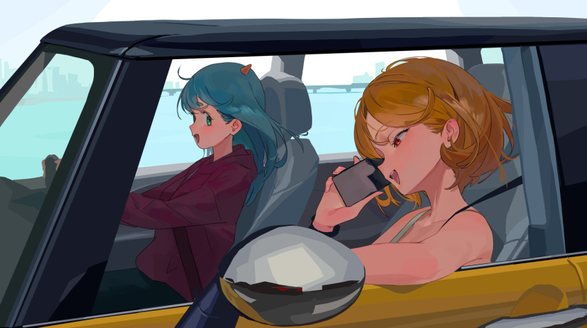 2girls aqua_hair black_skirt blonde_hair car choppy_bangs driving green_eyes highres hood hoodie horns long_hair medium_hair motor_vehicle multiple_girls nahia_(some1else45) open_mouth original pants parted_bangs purple_hoodie red_eyes sekoshi_(some1else45) side-view_mirror skirt skyline some1else45 talking_on_phone watch wristwatch