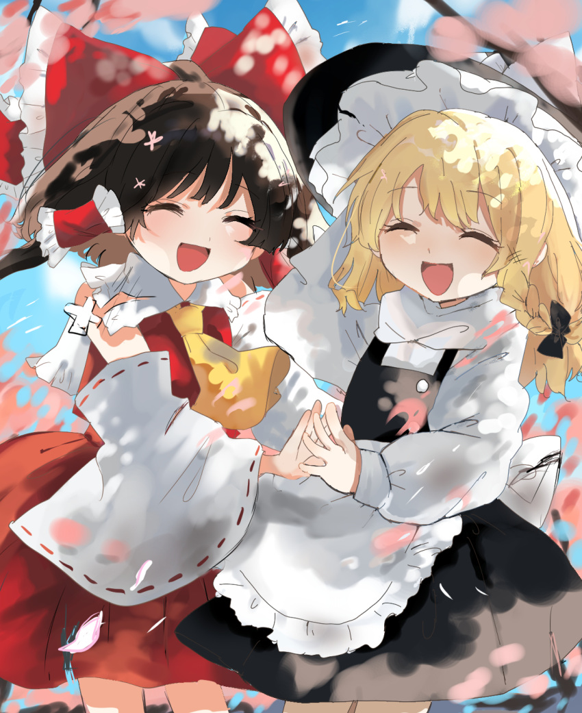 2girls apron ascot black_hair blonde_hair bow braid closed_eyes detached_sleeves frilled_bow frilled_hair_tubes frills hair_bow hair_tubes hakurei_reimu hat hat_bow highres kirisame_marisa multiple_girls open_mouth ramochi red_bow red_skirt ribbon-trimmed_sleeves ribbon_trim side_braid single_braid skirt skirt_set touhou waist_apron white_bow witch_hat yellow_ascot