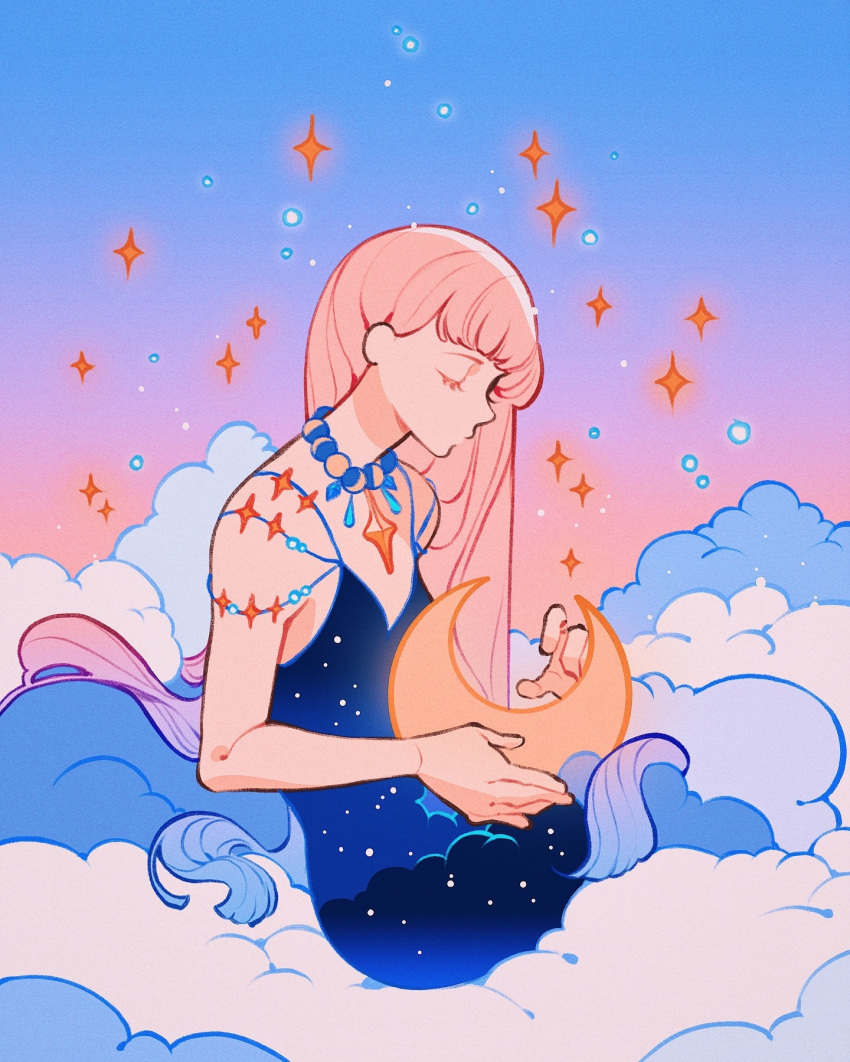 1girl blue_dress closed_eyes closed_mouth cloud crescent_moon dress gradient_background gradient_hair highres jewelry meyoco moon moon_phases multicolored_hair necklace on_cloud original pastel_colors pink_hair sleeveless star_(sky) star_(symbol) star_print sunset