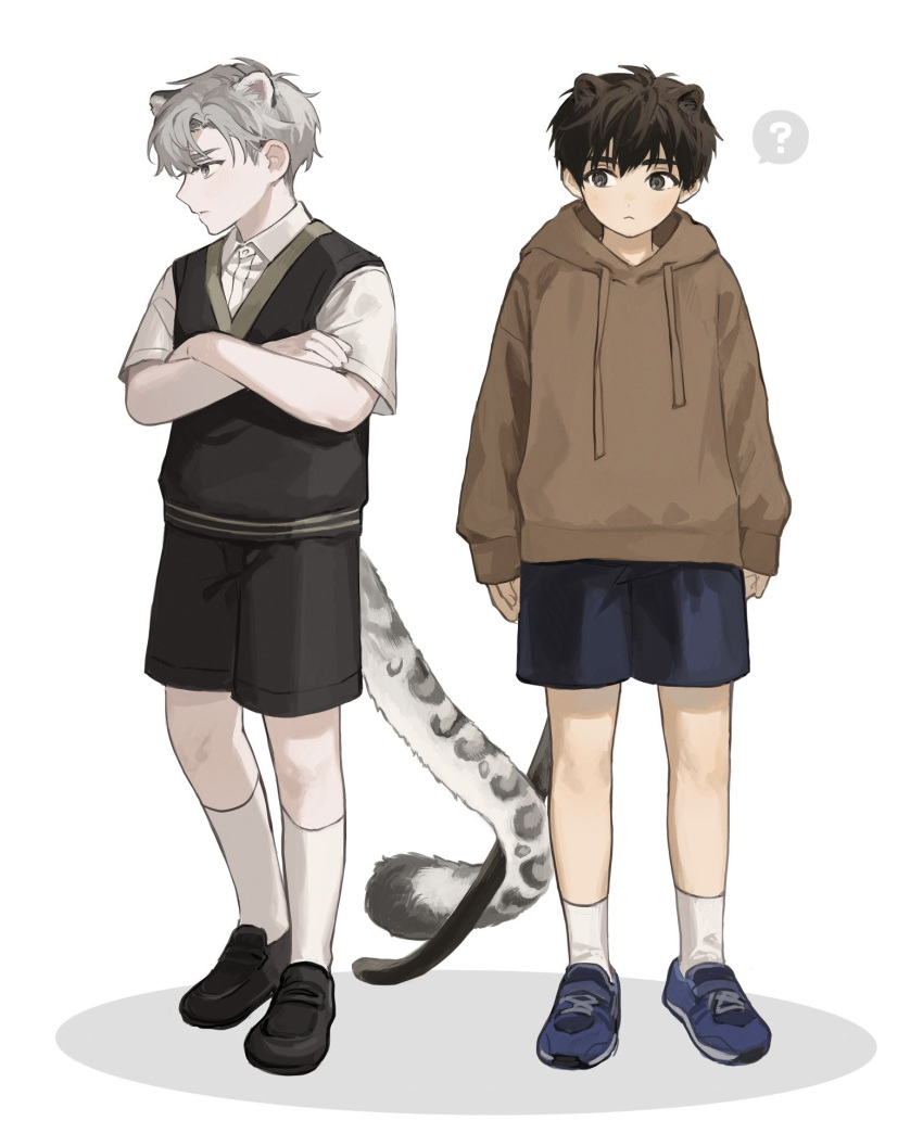 2boys ? animal_ears black_footwear black_shorts black_sweater_vest blue_footwear blue_shorts brown_hair brown_hoodie cat_ears cat_tail child collared_shirt crossed_arms full_body highres hood hoodie ilay_riegrow jeong_taeui long_sleeves male_focus multiple_boys nnn_0x0 passion_(manhwa) shirt shoes short_sleeves shorts simple_background snow_leopard_tail socks spoken_question_mark standing sweater_vest tail white_background white_hair white_shirt white_socks