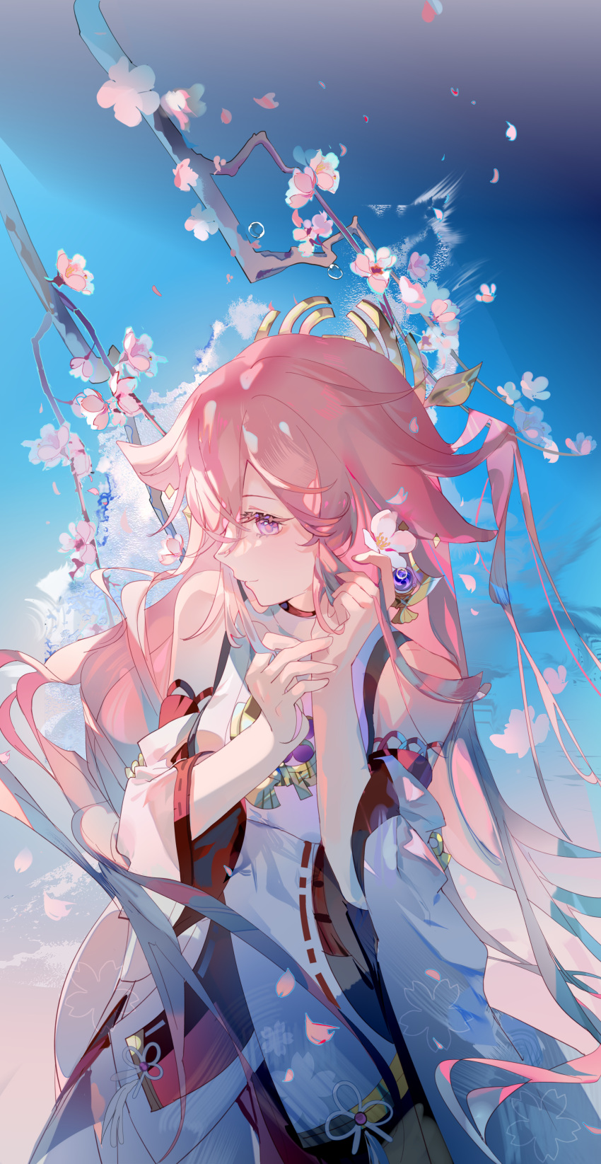 1girl absurdres animal_ears bare_shoulders blue_background branch cherry_blossoms closed_mouth commentary_request cowboy_shot detached_sleeves earrings floppy_ears flower fox_ears fre_(haochilanzuo) genshin_impact gradient_background hair_flower hair_ornament hand_in_own_hair hands_up highres japanese_clothes jewelry long_hair looking_at_viewer pink_eyes pink_flower pink_hair shirt sleeveless sleeveless_shirt smile solo very_long_hair white_shirt white_sleeves wide_sleeves yae_miko