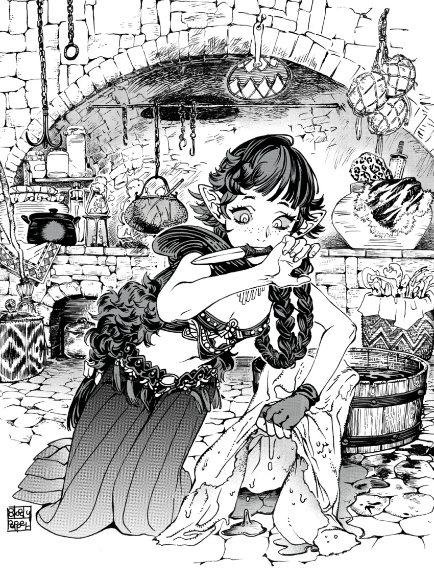 1girl belt bloodypepper breasts brick broom bucket chain cooking_pot crop_top fingerless_gloves freckles gloves greyscale hair_over_shoulder hand_fan hand_up hatching_(texture) highres hook indoors kitchen kneeling knife knife_in_mouth long_hair long_skirt looking_down midriff monochrome mouth_hold multiple_tails navel net original pixiv_fantasia pixiv_fantasia_sword_regalia pointy_ears screentones single_glove skirt small_breasts solo storage_pot tail tassel very_long_hair wooden_bucket