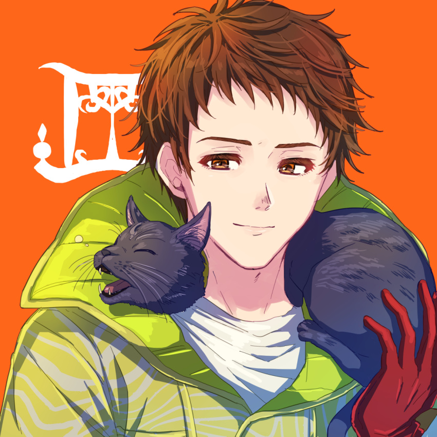 1boy 24mbb black_cat brown_eyes brown_hair cat chipie_(gnosia) closed_mouth coat gnosia looking_at_viewer one_eye_closed red_background shirt short_hair simple_background smile smirk solo upper_body white_shirt