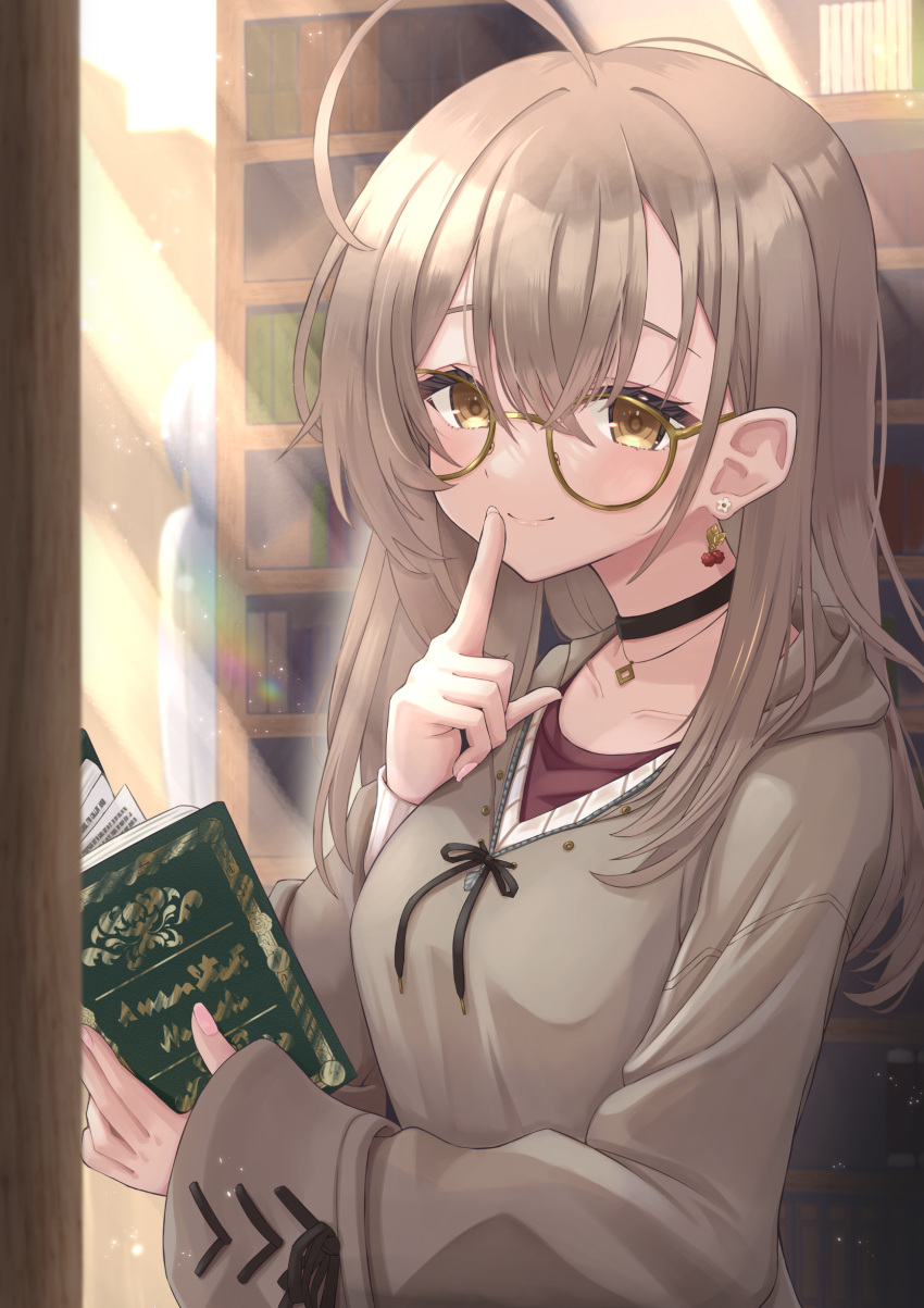 1girl absurdres ahoge berry black_choker book bookshelf brown_eyes brown_hair brown_hoodie choker crossed_bangs double-parted_bangs earrings finger_to_mouth fingernails food-themed_earrings hair_between_eyes highres holding holding_book hololive hololive_english hood hoodie huge_ahoge jewelry light_rays looking_at_viewer mihaeru nail_art nanashi_mumei nanashi_mumei_(casual) necklace official_alternate_costume open_book red_shirt shirt smile solo sweater virtual_youtuber white_sweater wide_sleeves