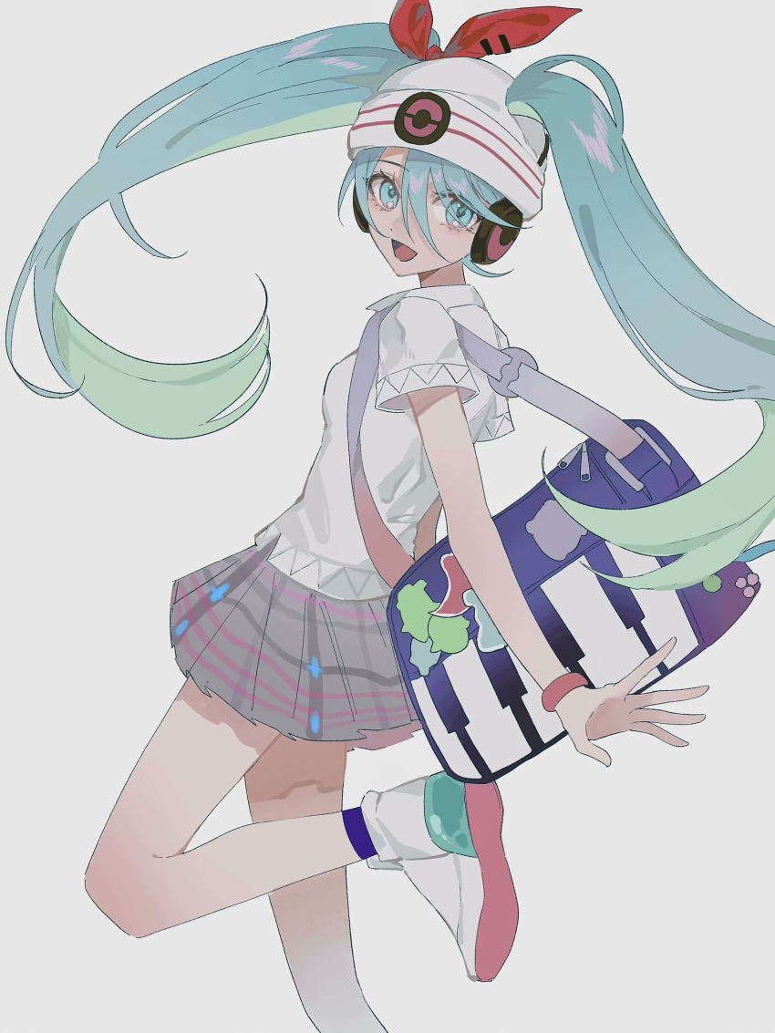 1girl bag blue_eyes blue_hair bracelet chinese_commentary commentary gradient_hair green_hair hair_through_headwear hat hatsune_miku headphones highres jewelry long_hair looking_at_viewer looking_back multicolored_hair open_mouth plaid plaid_skirt pokemon project_voltage psychic_miku_(project_voltage) shoes short_sleeves skirt smile sneakers socks solo standing standing_on_one_leg sushisushi_iiii twintails very_long_hair vocaloid