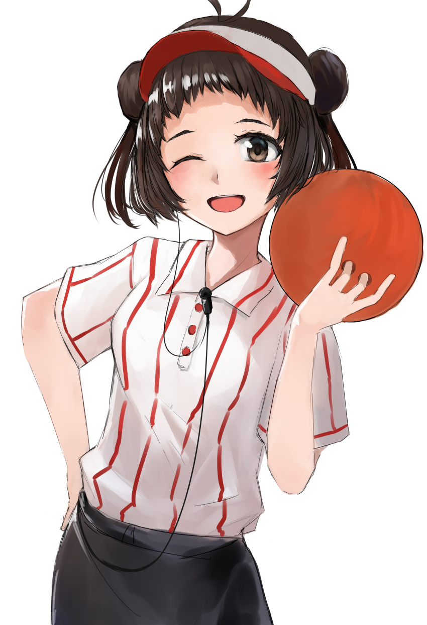 73suke absurdres alternate_costume antenna_hair ball black_hair black_skirt bowling_ball brown_eyes double_bun employee_uniform hair_bun highres kantai_collection microphone naka_(kancolle) one_eye_closed shirt short_hair short_sleeves simple_background skirt smile striped_clothes striped_shirt uniform visor_cap white_background