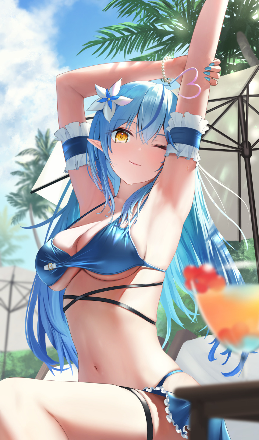 1girl ahoge arm_up armpits arms_up beach bikini blue_bikini blue_hair blurry blurry_background blurry_foreground breasts flower glasses gradient_hair hair_flower hair_ornament heart heart_ahoge highres hololive large_breasts long_hair looking_at_viewer multicolored_hair navel one_eye_closed palm_tree pink_hair sky smile solo stretching swimsuit table torjun_111 tree virtual_youtuber wet yellow_eyes yukihana_lamy