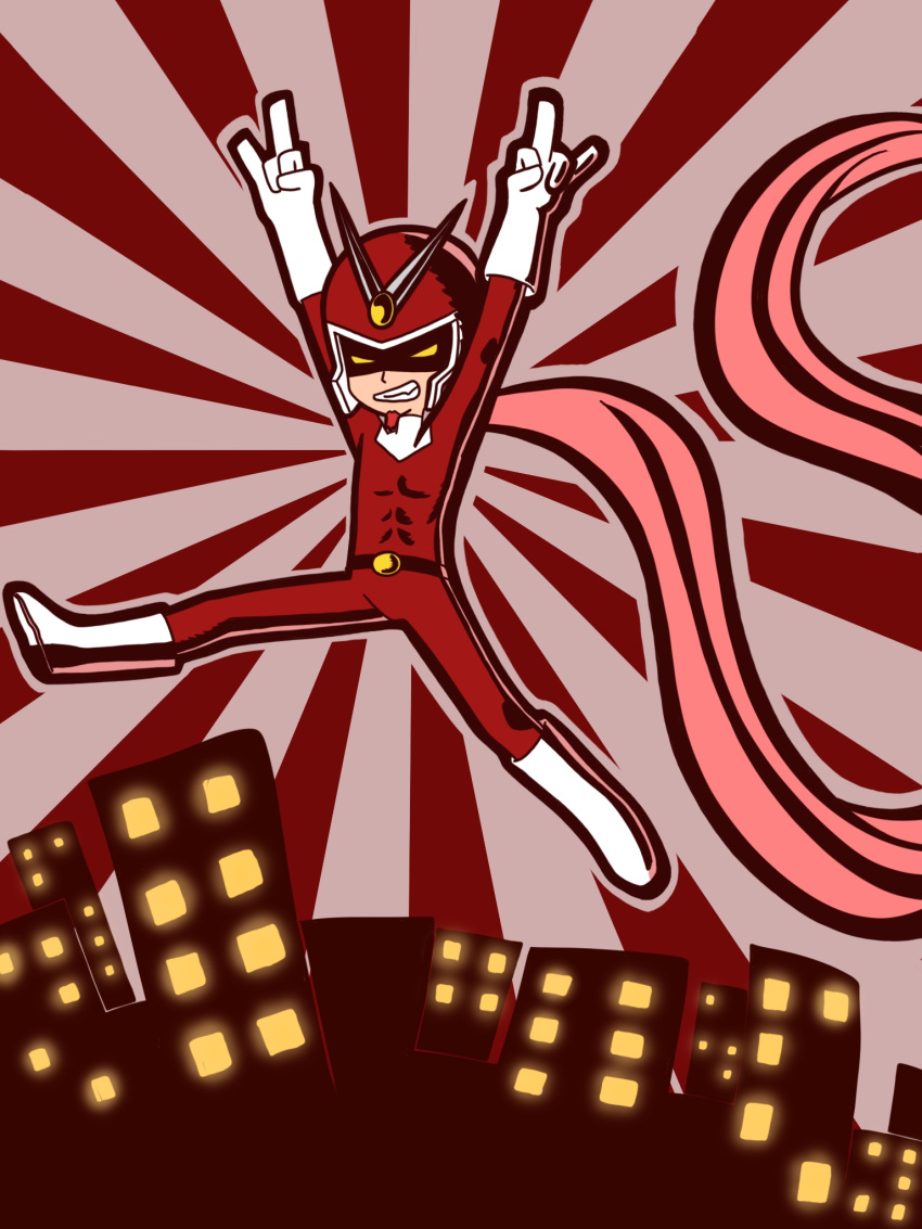 1boy \m/ ace_cluck arms_up belt black_belt bodysuit boots city commentary english_commentary eyes_in_shadow facial_hair full_body gloves goatee grin helmet highres jumping looking_at_viewer male_focus pink_scarf red_background red_bodysuit scarf smile solo sunburst sunburst_background superhero_costume viewtiful_joe viewtiful_joe_(character) white_footwear white_gloves