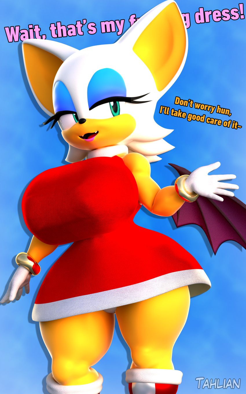 3d_(artwork) absurd_res amy_rose anthro bat big_breasts breasts clothing dialogue digital_media_(artwork) dress english_text female gloves handwear hi_res mammal offscreen_character rouge_the_bat sega solo sonic_the_hedgehog_(series) tahlian text thick_thighs wings