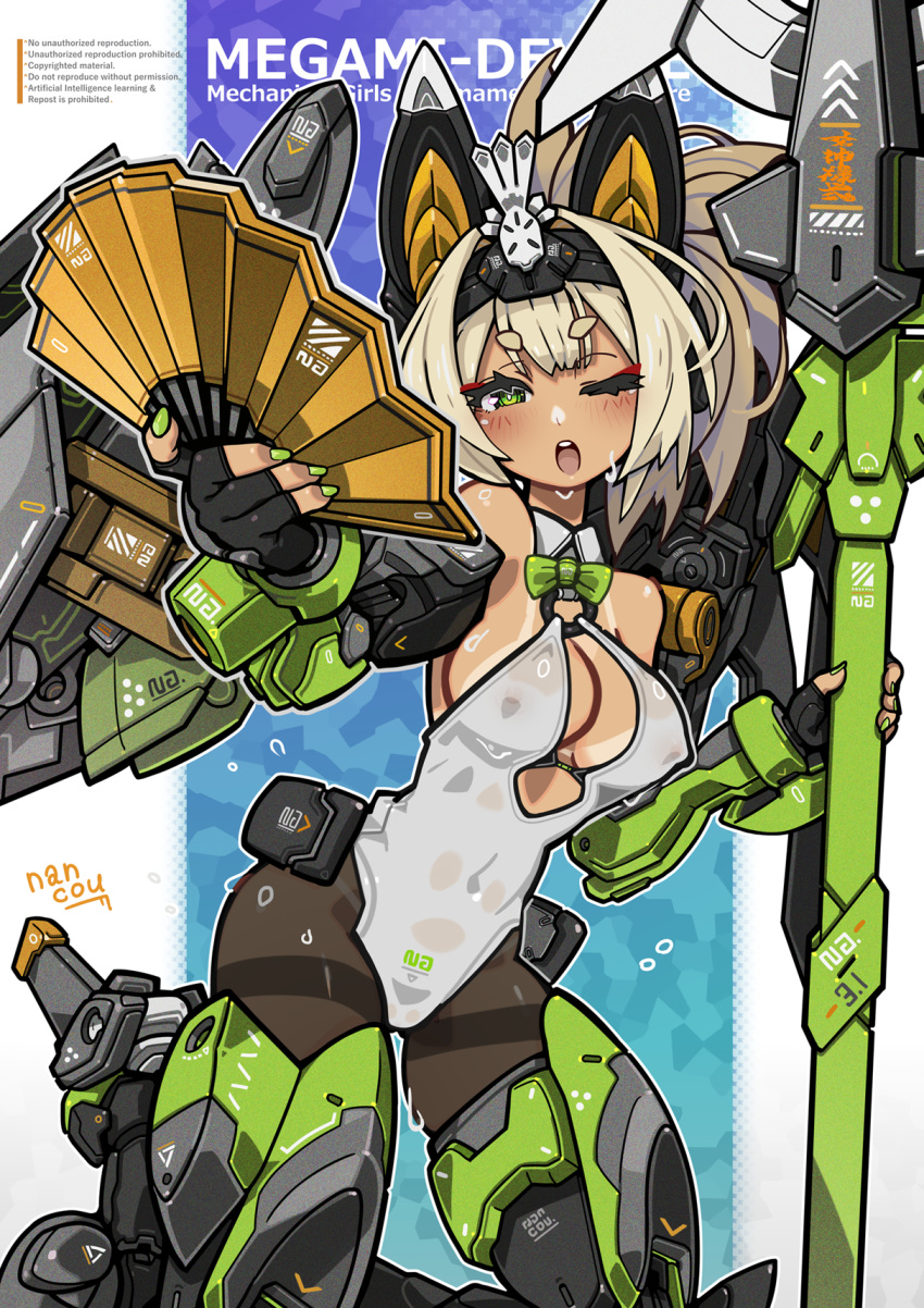 1girl armored_boots black_pantyhose blonde_hair boots breasts fingerless_gloves gloves green_eyes hand_fan high_ponytail highres holding holding_weapon leotard looking_at_viewer mecha_musume mechanical_ears medium_breasts medium_hair megami_device nancou_(nankou) o-ring_leotard pantyhose solo standing tan tanlines weapon white_leotard