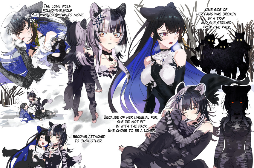 2girls absurdres animal_ears barefoot black_choker black_hair black_nails blue_nails blunt_bangs body_fur breasts choker collage colored_inner_hair english_text fangs glowing glowing_eyes grey_hair hair_ornament highres hololive hololive_english long_hair medium_breasts mole mole_under_eye multicolored_hair multiple_girls nerissa_ravencroft parted_bangs red_eyes shiori_novella sidelocks slit_pupils streaked_hair two-tone_hair wolf_ears wolf_girl yellow_eyes yomosaka