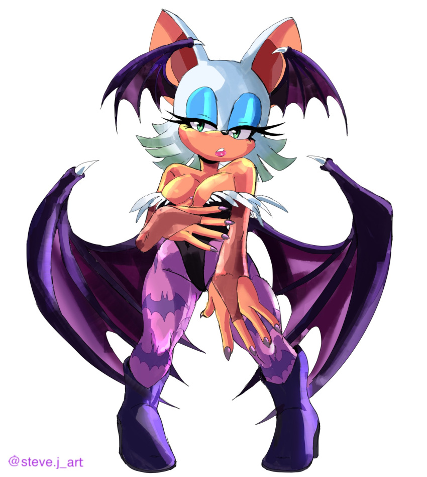 anthro bare_shoulders bat boots breasts capcom cleavage clothed clothing cosplay crossover crossover_cosplay darkstalkers eyeshadow female footwear fur hi_res makeup mammal membrane_(anatomy) membranous_wings morrigan_aensland narrowed_eyes rouge_the_bat sega signature simple_background solo sonic_the_hedgehog_(series) steve_jones tan_body tan_skin white_body white_fur wings