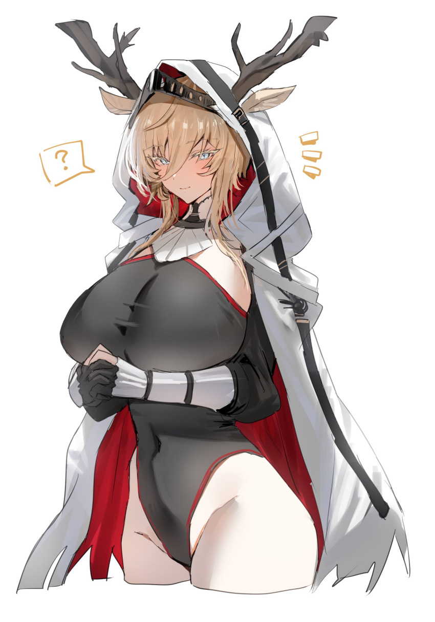 1girl ? animal_ears antlers antlers_through_headwear antlers_through_hood arknights arms_under_breasts black_leotard blonde_hair blue_eyes breasts cloak closed_mouth commentary_request cowboy_shot deer_antlers deer_ears deer_girl ears_through_headwear ears_through_hood hair_between_eyes highleg highleg_leotard highres hood hood_up horn/wood horns large_breasts leotard looking_ahead looking_at_viewer own_hands_together sidelocks simple_background slit_pupils smile solo spoken_question_mark upper_body viviana_(arknights) white_background white_cloak white_hood