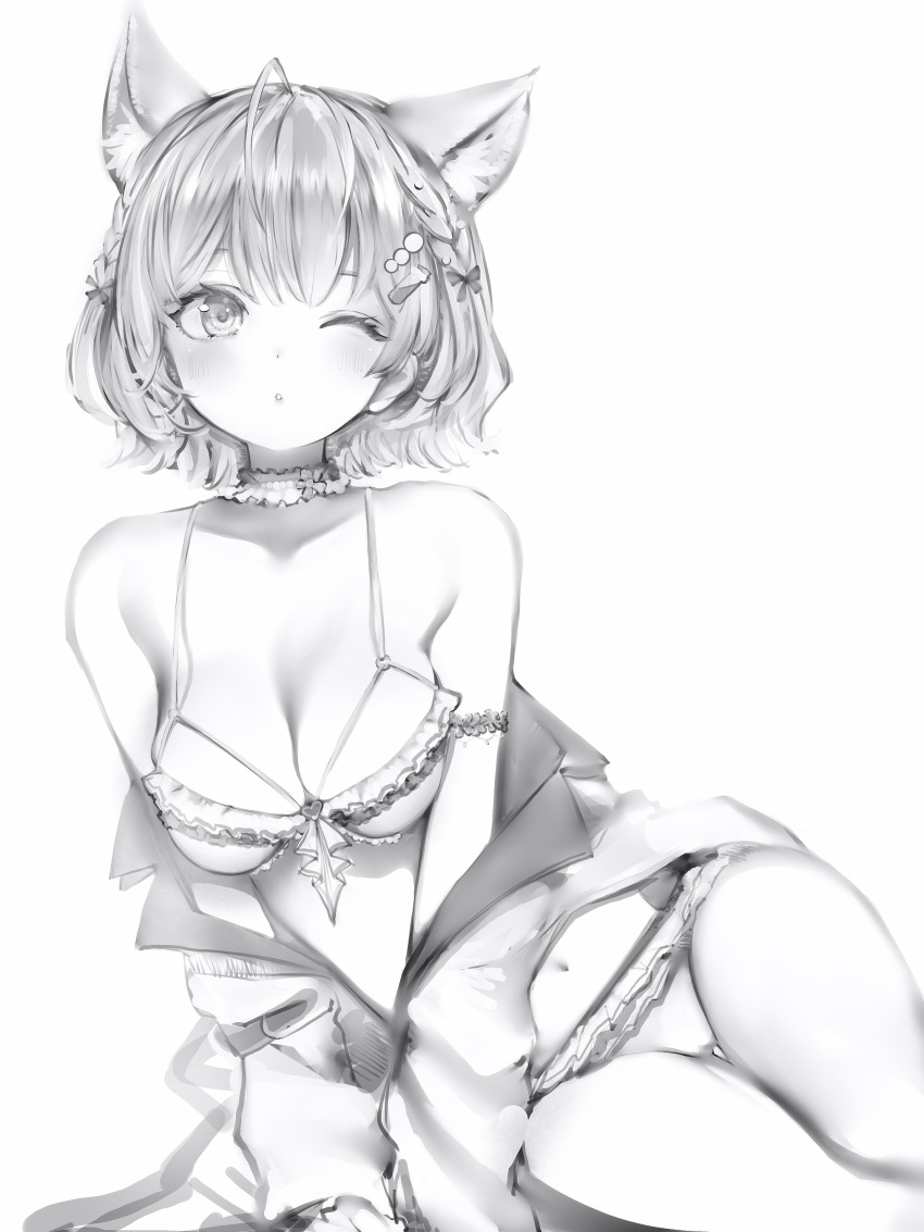 1girl absurdres animal_ear_fluff animal_ears antenna_hair bare_shoulders bikini blush braid breasts choker cleavage coat collarbone extra_ears flower_armlet frilled_bikini frilled_choker frills greyscale hair_ornament hair_ribbon hakui_koyori hakui_koyori_(summer) highres hololive lab_coat large_breasts long_sleeves looking_at_viewer medium_hair monochrome nanashi_(nlo) navel one_eye_closed open_clothes open_coat ribbon simple_background sitting solo stomach swimsuit thigh_gap thighs virtual_youtuber wolf_ears wolf_girl