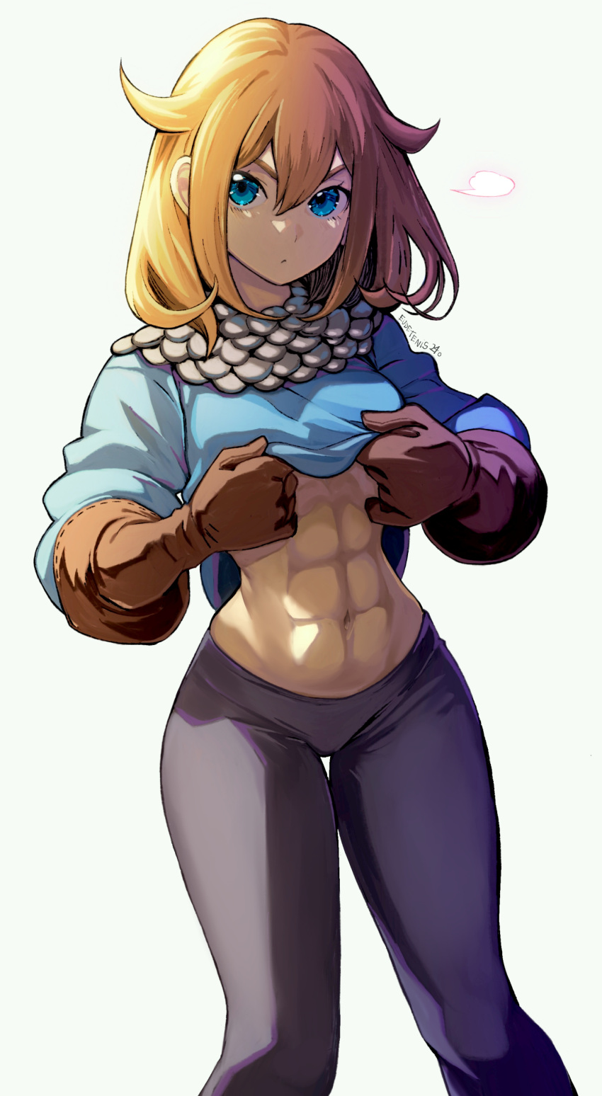 1girl abs absurdres armor artist_name blue_eyes breasts brown_gloves brown_hair chloe_(unicorn_overlord) clothes_lift english_commentary eudetenis gloves highres lifted_by_self long_sleeves looking_at_viewer medium_breasts muscular muscular_female navel procreate_(medium) scale_armor shirt_lift simple_background stomach unicorn_overlord white_background