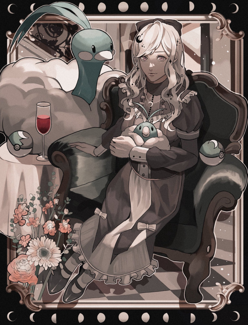 1girl altaria beak black_eyes blonde_hair blue_skin brown_dress colored_skin cup dress drinking_glass flower frills highres looking_at_another outline poke_ball pokemon red_wine reo_(mmocc123) shoes sitting swablu table two-tone_dress white_beak white_outline wine_glass