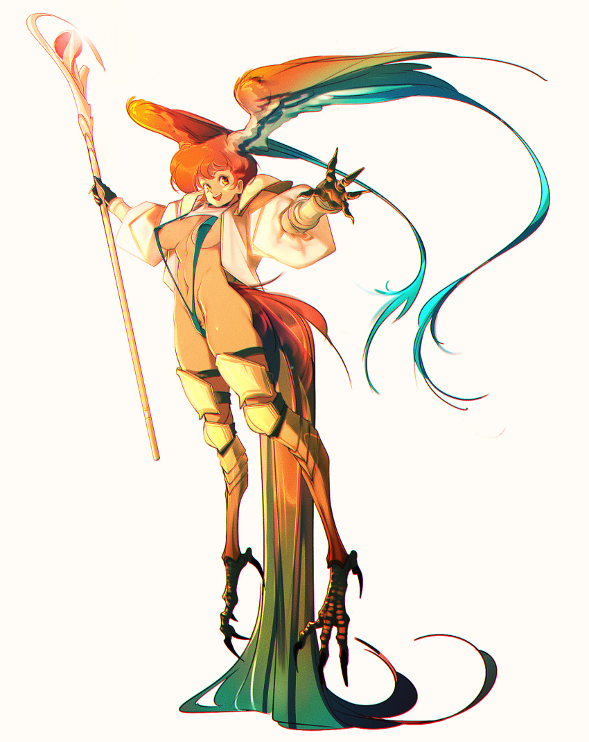 1girl areola_slip armor bird_girl bird_tail clawed_gauntlets claws feathered_wings female_pubic_hair floating full_body green_slingshot_swimsuit head_wings highres holding holding_staff leg_armor long_sleeves medium_bangs monster_girl multicolored_feathers navel non-web_source obj_shep open_mouth orange_hair original pubic_hair pubic_hair_peek puffy_long_sleeves puffy_sleeves revealing_clothes short_hair shoulder_armor sideways_glance simple_background smile solo staff tail teeth upper_teeth_only variant_set white_background wings yellow_eyes