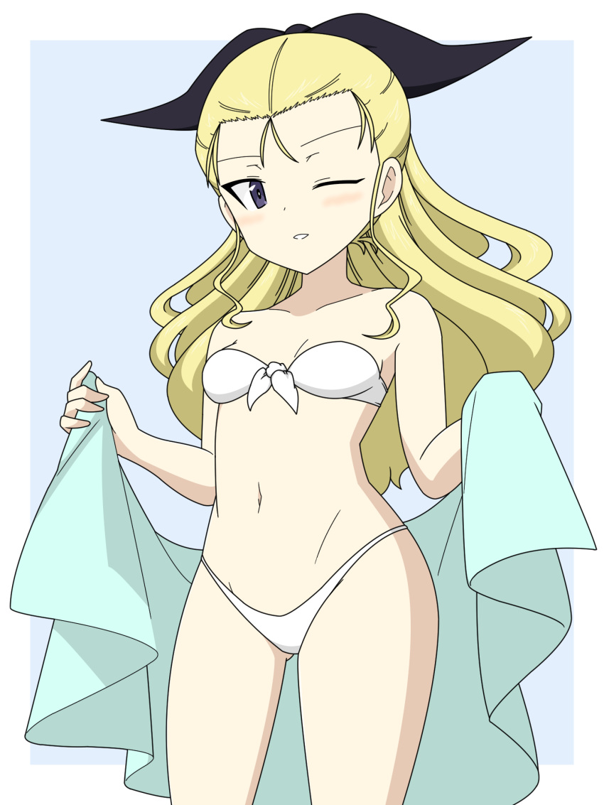 1girl assam_(girls_und_panzer) bikini black_ribbon blonde_hair blue_background blue_eyes breasts cowboy_shot front-tie_bikini_top front-tie_top girls_und_panzer hair_pulled_back hair_ribbon highres holding holding_towel ichinose_jun long_hair looking_at_viewer navel one_eye_closed parted_lips ribbon small_breasts smile solo standing strapless strapless_bikini swimsuit towel white_bikini