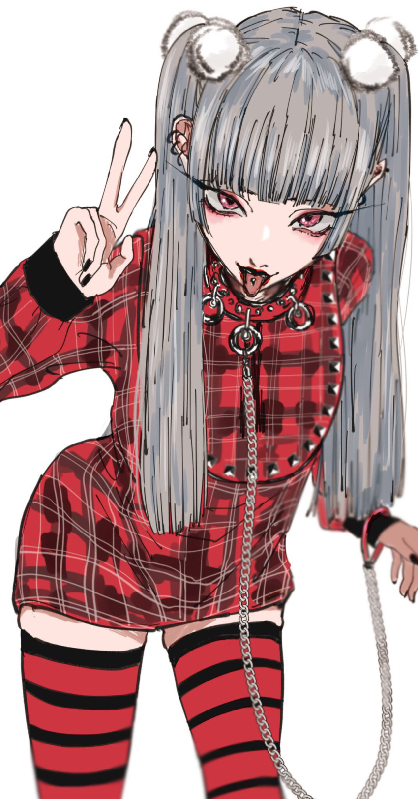 1girl animal_collar bent_over black_nails blunt_bangs chain chain_leash chijin15 collar dress ear_piercing earrings eyeshadow grey_hair hair_ornament highres jewelry leash lipstick looking_at_viewer makeup nail_polish original piercing pink_hair plaid plaid_dress pom_pom_(clothes) pom_pom_hair_ornament punk red_dress red_lips red_thighhighs skindentation solo striped_clothes striped_thighhighs studded_collar thighhighs tongue tongue_out tongue_piercing twintails v