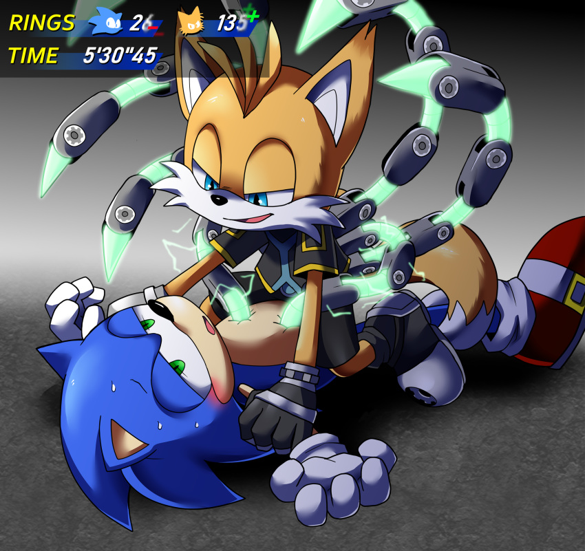 2024 4:3 anthro canid canine digital_drawing_(artwork) digital_media_(artwork) dominant dominant_male duo energy_drain eulipotyphlan fox hedgehog hi_res japanese_description male male/male mammal netflix power_drain sega skeb_commission sonic_prime sonic_the_hedgehog sonic_the_hedgehog_(series) submissive submissive_male tails_nine text third-party_edit translated user_interface v_ig_v