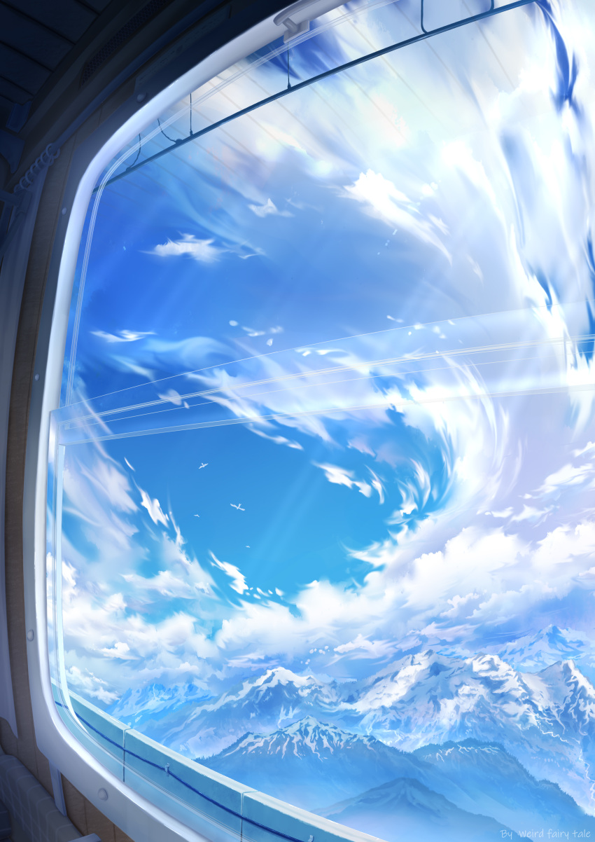 absurdres artist_name bird blue_sky blue_theme cloud commentary_request day from_inside guiyi_tonghua highres horizon landscape mountain no_humans original scenery sky snow window