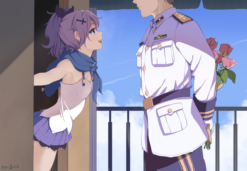 1boy 1girl absurdres aqua_eyes arms_behind_back azur_lane black_bow blue_eyes blue_sky bouquet bow breast_pocket brown_hair chaye_mo cloud cloudy_sky commander_(azur_lane) cross_hair_ornament flower from_side gloves hair_bow hair_ornament hetero high_ponytail highres holding holding_bouquet holding_flower javelin_(azur_lane) long_sleeves looking_at_another medium_hair military_uniform open_mouth pink_flower pink_rose pocket purple_hair railing red_flower red_rose rose sky smile uniform white_gloves