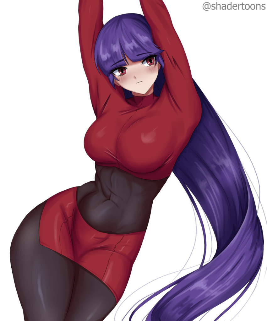 1girl artist_name black_bodysuit black_hair blunt_bangs bodysuit bodysuit_under_clothes breasts crop_top cropped_jacket highres hime_cut jacket large_breasts long_hair long_sleeves pantyhose pencil_skirt pokemon pokemon_frlg purple_hair red_eyes red_jacket red_skirt sabrina_(pokemon) shadertoons side_slit skirt solo turtleneck turtleneck_jacket twitter_username