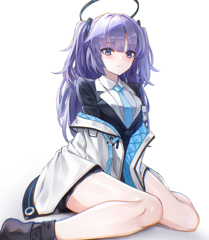 1girl black_halo blue_archive blue_necktie collared_shirt halo highres id_card jacket long_hair mechanical_halo necktie off_shoulder open_clothes open_jacket purple_eyes purple_hair shirt sitting suit triangle_hair_ornament two-sided_fabric two-sided_jacket two_side_up umeo_(pixiv51103813) wariza white_background white_shirt yuuka_(blue_archive)