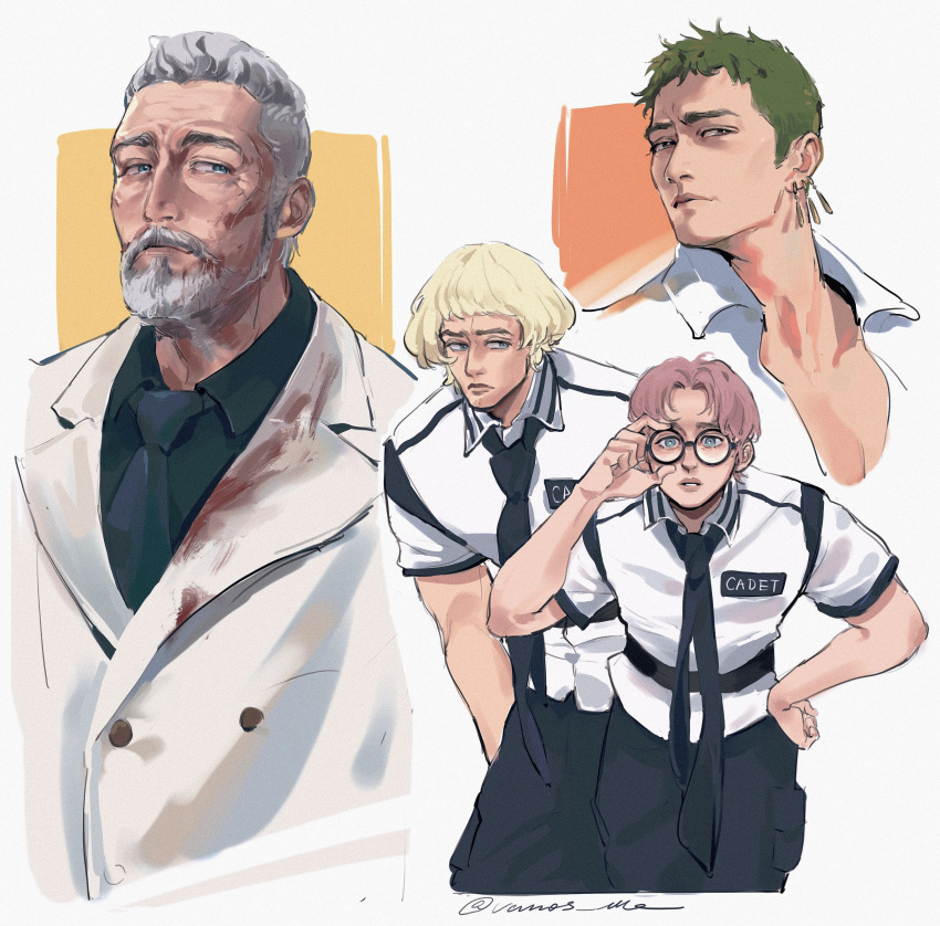 4boys absurdres adjusting_eyewear beard blonde_hair blood blood_on_clothes blue_eyes blue_necktie blue_pants brown_eyes closed_mouth clothes_writing coat facial_hair glasses hair_intakes hand_on_own_hip hand_up helmeppo highres koby_(one_piece) male_focus marine_uniform_(one_piece) mature_male monkey_d._garp multiple_boys necktie one_piece one_piece_(live_action) pants parted_lips pink_hair portrait realistic roronoa_zoro round_eyewear scar scar_on_face shirt short_hair short_sleeves upper_body vamos_mk white_background white_coat white_shirt