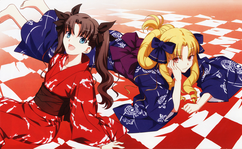 absurdres barefoot blonde_hair blue_eyes bow brown_hair drill_hair fate/stay_night fate_(series) hair_bow highres japanese_clothes kimono luviagelita_edelfelt multiple_girls obi ringlets sash takeuchi_takashi toosaka_rin two_side_up yukata