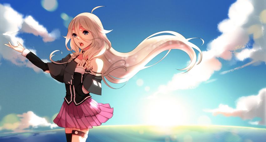 bangs bare_shoulders blonde_hair blue_eyes boots braid cloud day highres horizon ia_(vocaloid) koyubi_right lens_flare long_hair mismatched_legwear off_shoulder open_hand open_mouth pink_hair pleated_skirt skirt solo sun thigh_strap thighhighs twin_braids very_long_hair vocaloid