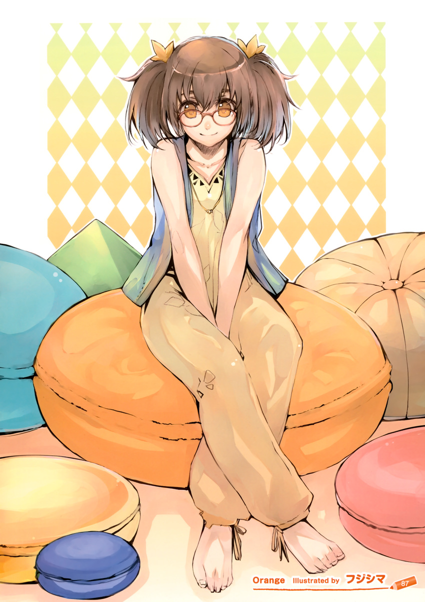 absurdres bare_shoulders barefoot brown_hair copyright_request feet fujishima_(raving_phantom) glasses hair_ornament highres orange_eyes scan short_hair sitting sleeveless solo twintails