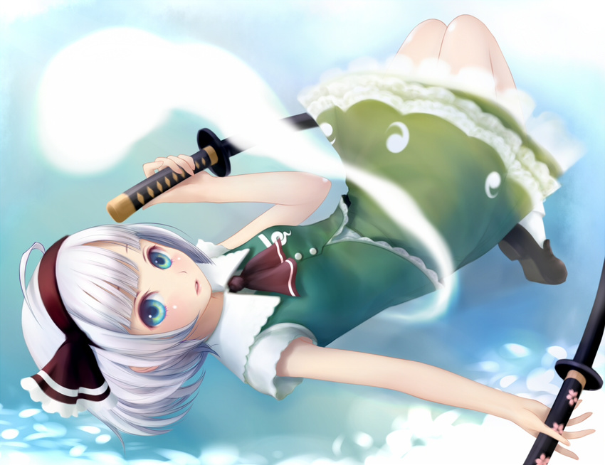 ascot blue_eyes bob_cut bow dress hair_bow katana konpaku_youmu konpaku_youmu_(ghost) lying scabbard sheath sheathed silver_hair skirt socks solo sword touhou vest weapon white_legwear yori_(shitsuon)