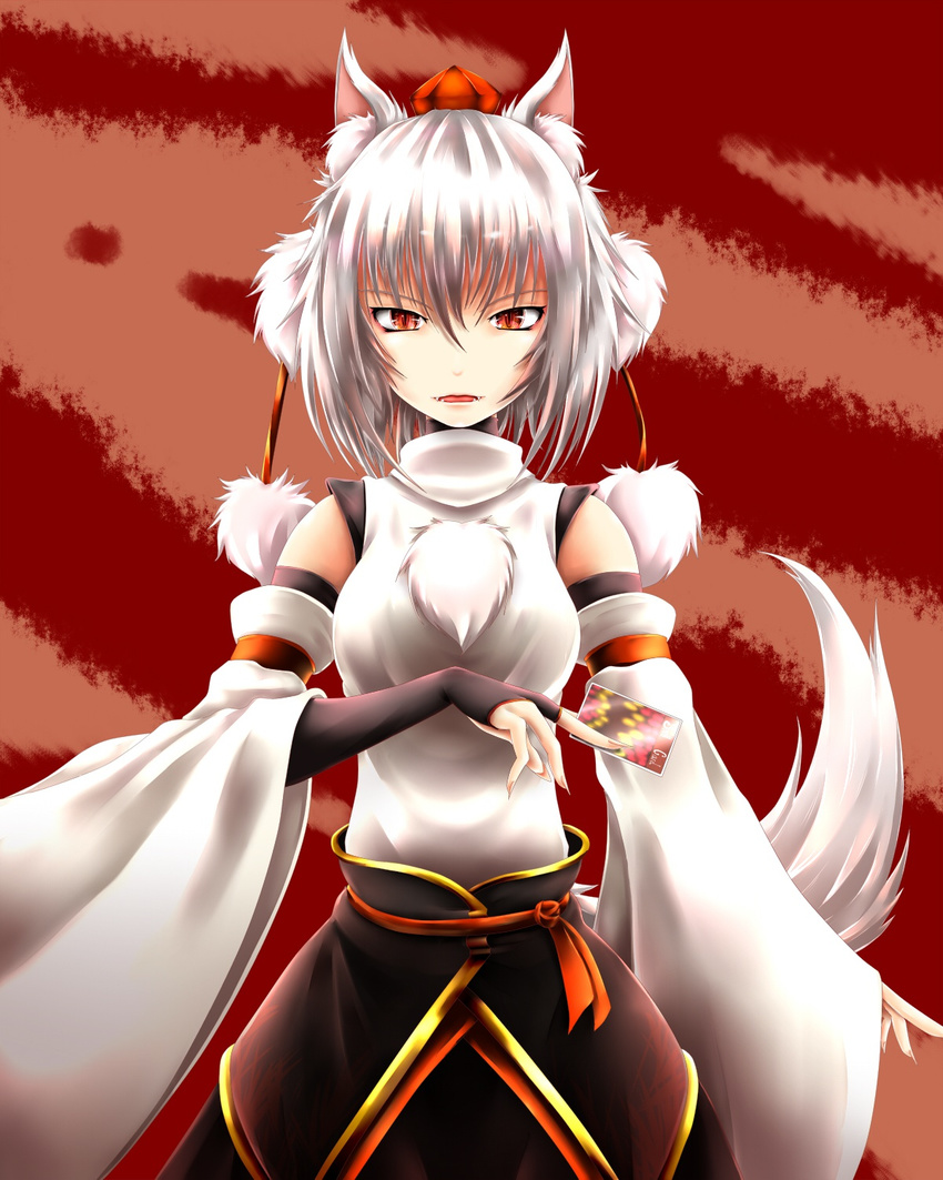 animal_ears card detached_sleeves fangs fingerless_gloves gloves hat highres inubashiri_momiji inyuppo open_mouth pom_pom_(clothes) red_eyes slit_pupils solo tail tokin_hat touhou white_hair wolf_ears wolf_tail
