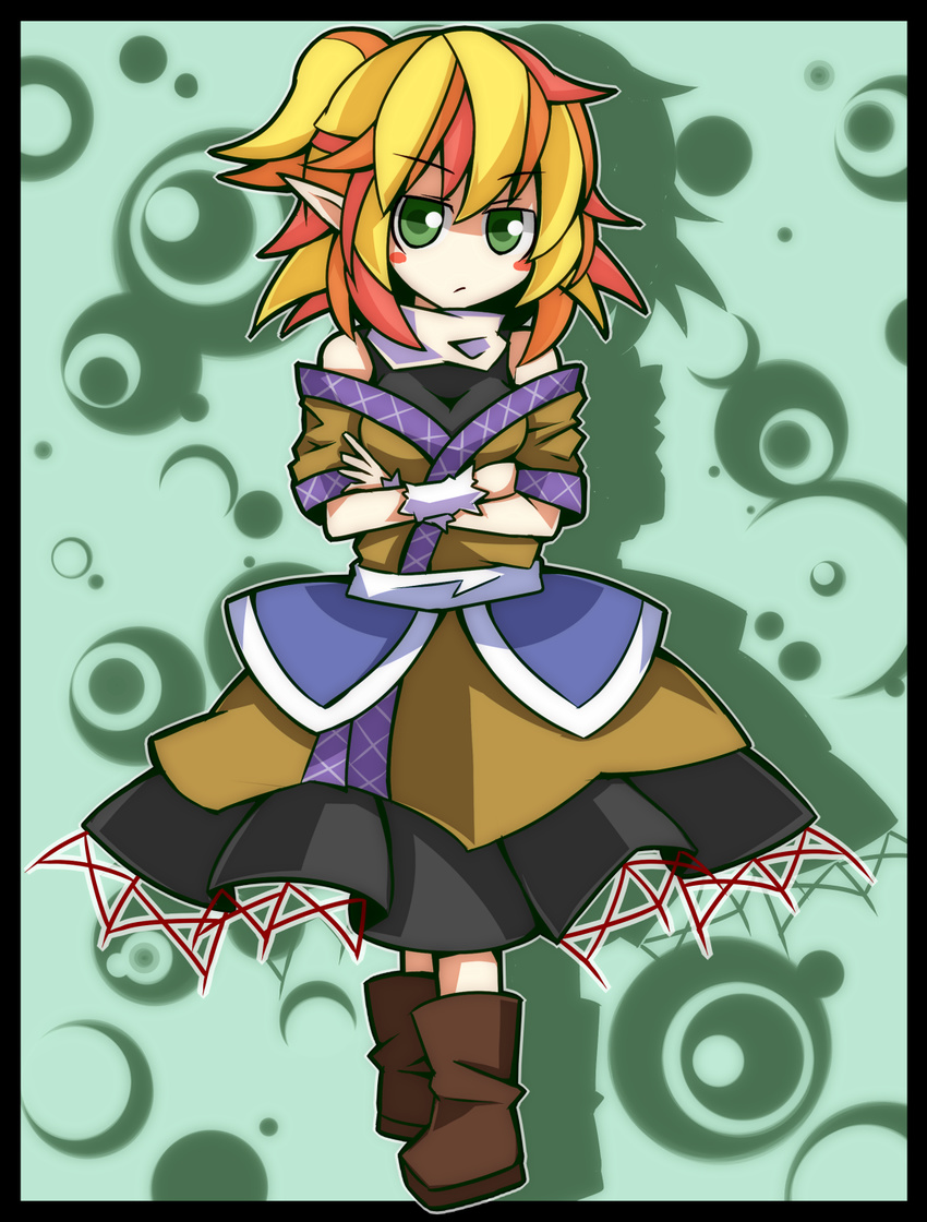 blonde_hair boots breasts green_eyes high_collar highres mizuhashi_parsee multicolored_hair nosada off_shoulder pointy_ears short_hair skirt small_breasts solo touhou wrist_cuffs