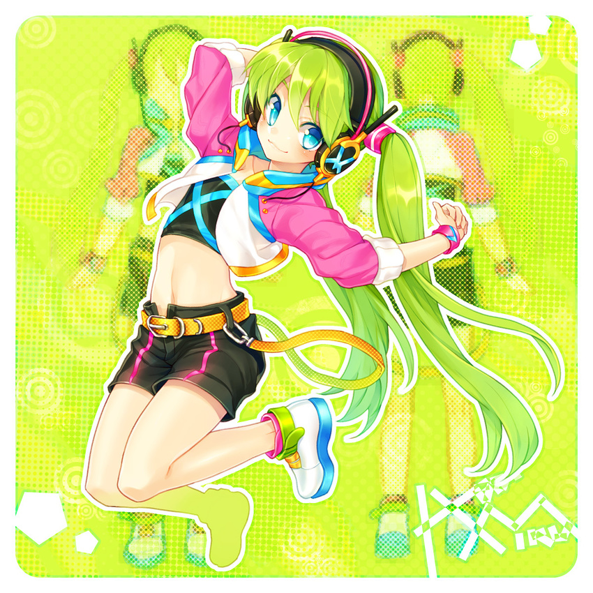 alternate_hair_color blue_eyes casual green_hair hatsune_miku headphones highres jacket jumping long_hair looking_at_viewer midriff navel renta_(deja-vu) shoes shorts smile solo twintails very_long_hair vocaloid