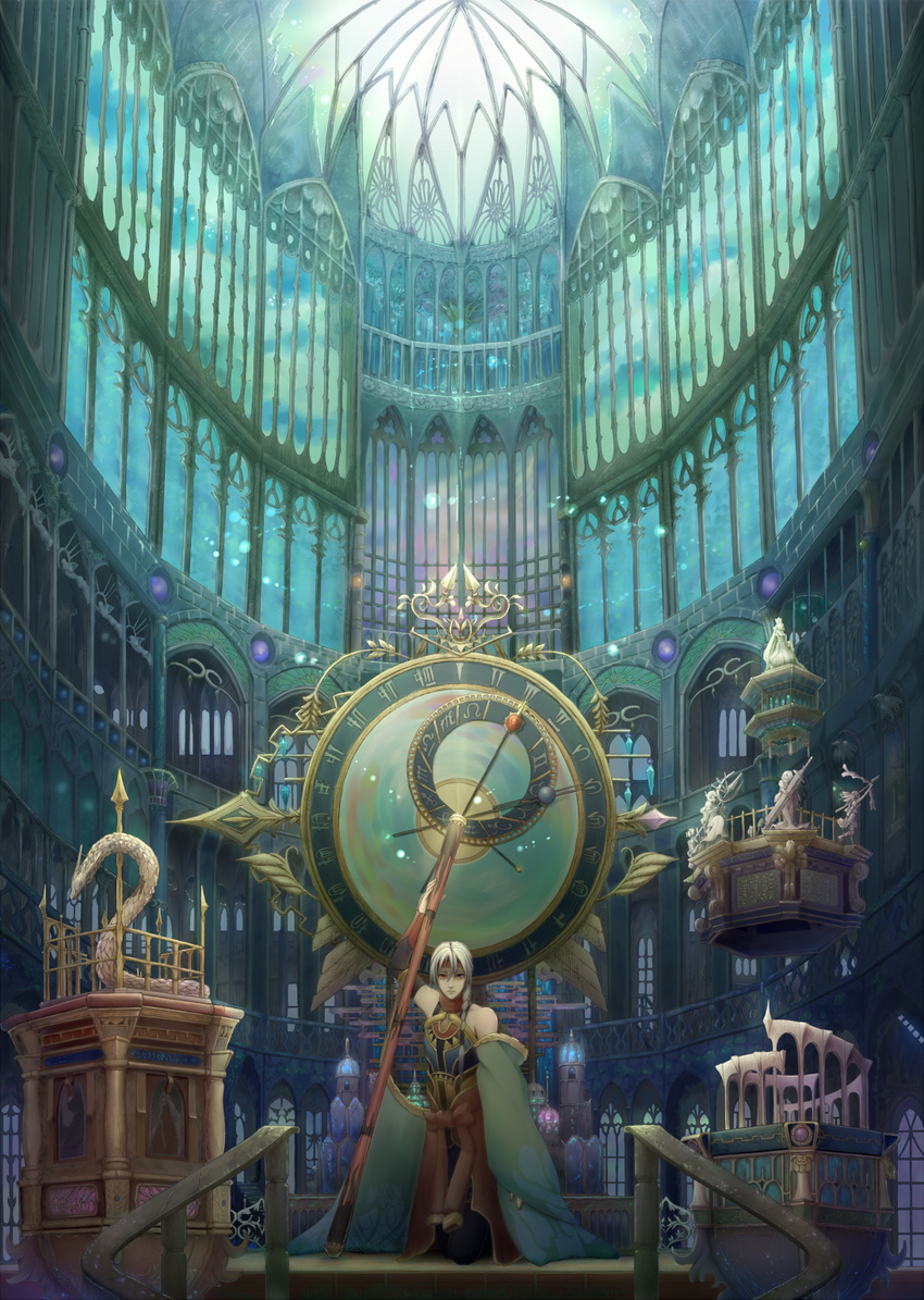 aqua arm_up astrolabe bad_id bad_pixiv_id bare_shoulders bow_(weapon) church clock crossbow detached_sleeves freyjadour_falenas gensou_suikoden gensou_suikoden_v grey_hair hair_over_shoulder hairband headband heterochromia highres indoors long_hair looking_at_viewer male_focus polearm ponytail red_eyes scenery serious snake solo soraniaka spear staff standing statue sword weapon white_hair window zodiac