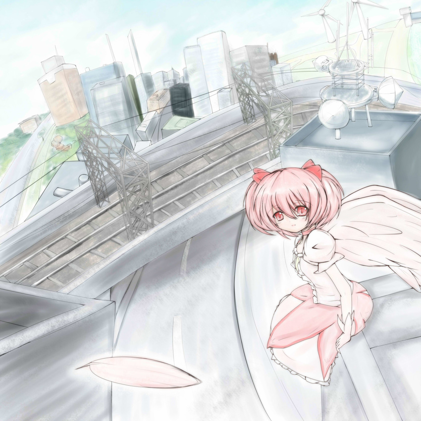 akisaka_yamoka highres kaname_madoka magical_girl mahou_shoujo_madoka_magica pink_eyes pink_hair sitting solo wings