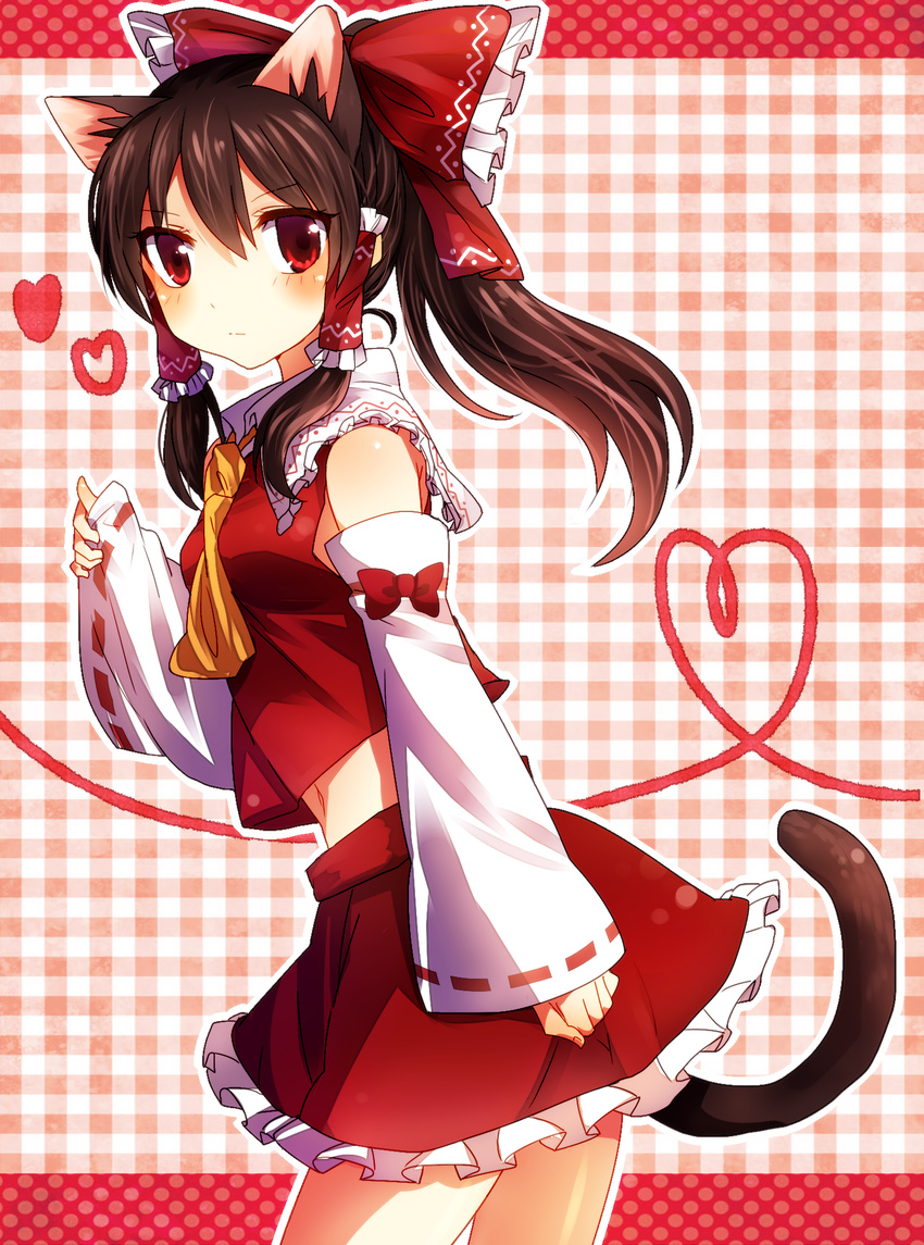 animal_ears bad_id bad_pixiv_id bare_shoulders blush bow brown_hair cat_ears cat_tail detached_sleeves hair_bow hair_tubes hakurei_reimu heart heart_of_string highres kemonomimi_mode kohaku. long_hair red_eyes simple_background solo tail touhou