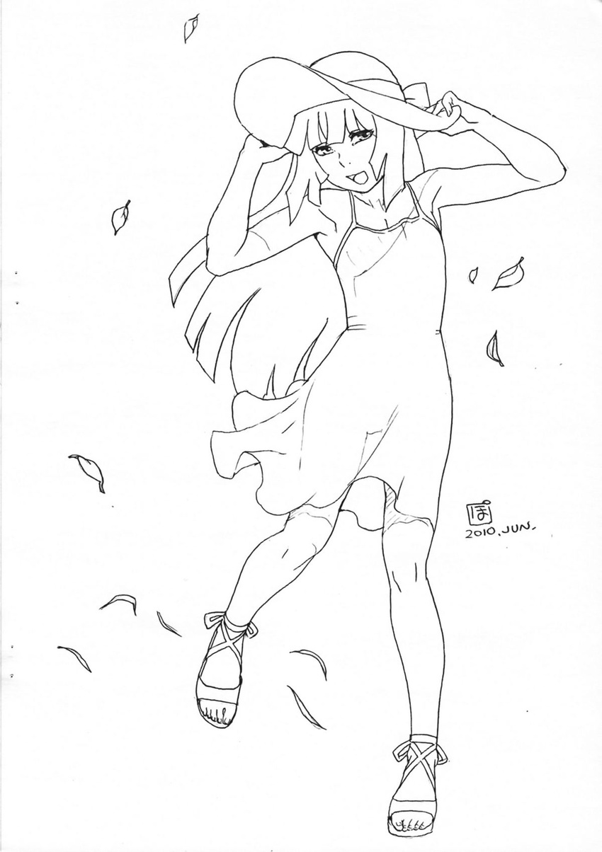 androgynous armpits bare_shoulders crossdressing dress greyscale hat highres leaf long_hair male_focus monochrome natsuki_(natsuyasumi.) natsuyasumi. official_art open_mouth otoko_no_ko po-ju sandals scan see-through signature simple_background sketch solo summer sun_hat sundress wind work_in_progress