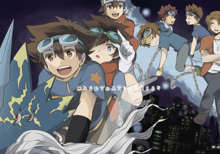 akashi_tagiru brown_eyes brown_hair chain daimon_masaru digimon digimon_adventure digimon_adventure_02 digimon_frontier digimon_savers digimon_tamers digimon_xros_wars digimon_xros_wars:_toki_wo_kakeru_shounen_hunter-tachi dragon gloves goggles goggles_on_head highres jacket kanbara_takuya kudou_taiki matsuda_takato monster motomiya_daisuke multicolored_hair multiple_boys natsuki_(aisae) qinglongmon smile yagami_taichi