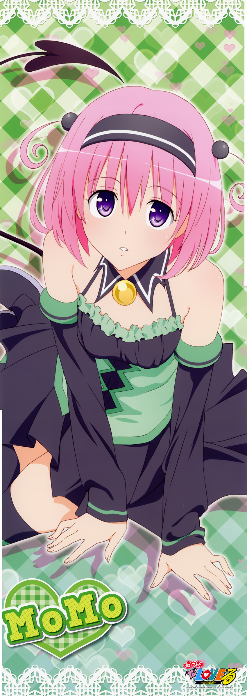 absurdres artist_request dress highres long_image looking_at_viewer momo_velia_deviluke official_art open_mouth pink_hair purple_eyes short_hair sitting solo stick_poster tail tall_image thighhighs to_love-ru twintails