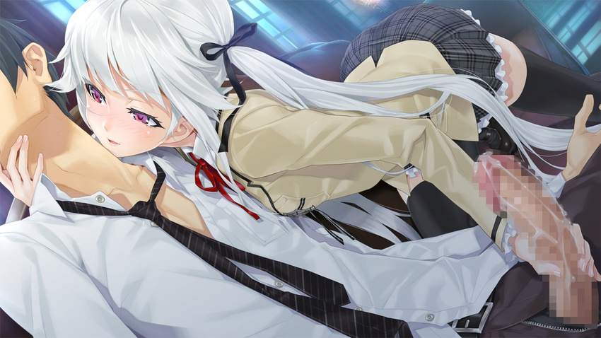 1boy 1girl bishoujo_mangekyou blush censored fangs game_cg handjob happoubi_jin horny indoors kagamino_kirie kagarino_kirie naughty_face naughty_girl naughty_look necktie open_mouth penis precum red_eyes school_uniform shirt silver_hair thighhighs twintails vampire